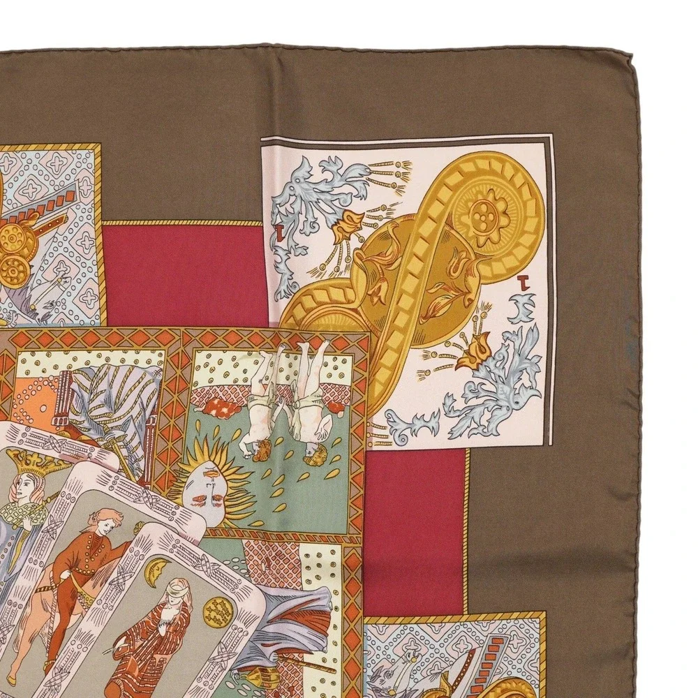 Hermès‎ Le Tarot 90cm Silk Scarf Annie Faivre Brown Gold Vintage Carre w/ Box